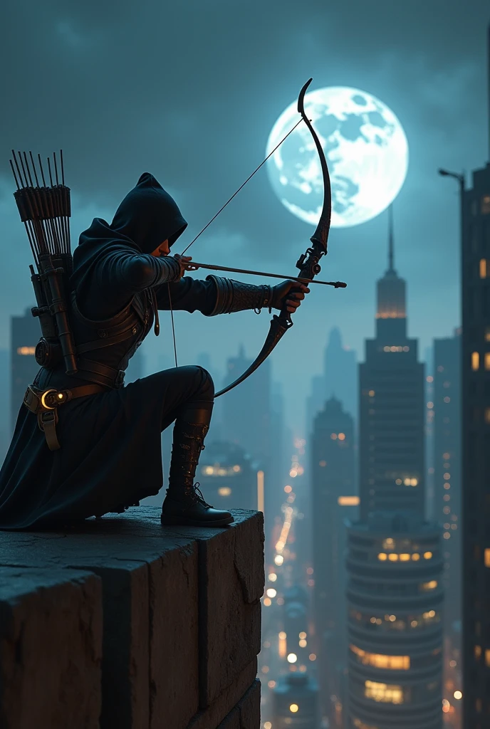 photoreallistic stunning assassin hold hi-tech archer kneeling and aiming from the tip of a high building to the down town target far below, dark cityscape with full moon floating in the city, dramatic dimmed lights