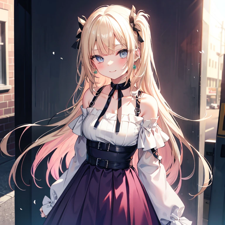  1 girl, Blonde, Long Hair, Straight Hair,  medium breasts, purple off-shoulder sweater, White Long Skirt , high-waisted skirt with hands on back, choker,Shoulder straps, blue eyes, Droopy eyes,  Blushing ,  close your mouth, happiness/joy,  seductive smiles from all around, is standing,Put your arms down,Arms folded behind back, Hi-Res,  simple background, Around town,noon,Best Quality,  anatomically correct, masterpiece, 