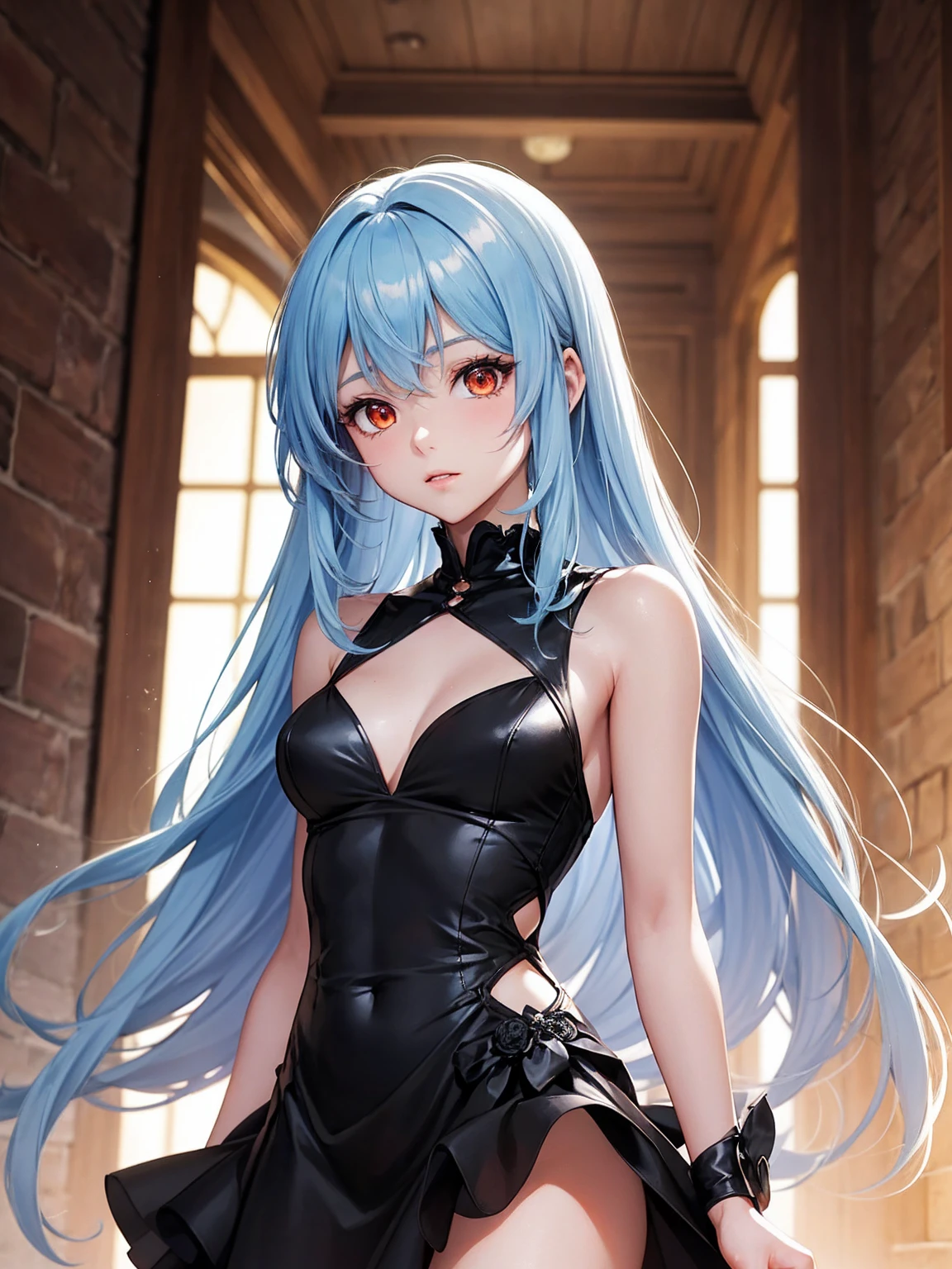 (Masterpiece, realistic, high resolution), ((1 feminine cute girl): 1.2), dress up as a succubus, ((long blue hair, red eyes, open eyes, most detailed, updraft)), (charming, eye reflection, glowing eyes, sparkling eyes, glint, eye reflection, pretty eyes, eye reflex, shyness), (pale skin, extremely hydrated smooth, skin reflecting light), dressed revealing, exposing cleavage, Exposed collarbone, exposed lower abdomen, lewd lines on lower abdomen, no bra, moonlight, otherworld fantasy style, upper body, dynamic pose, depth of field, extremely detailed church background