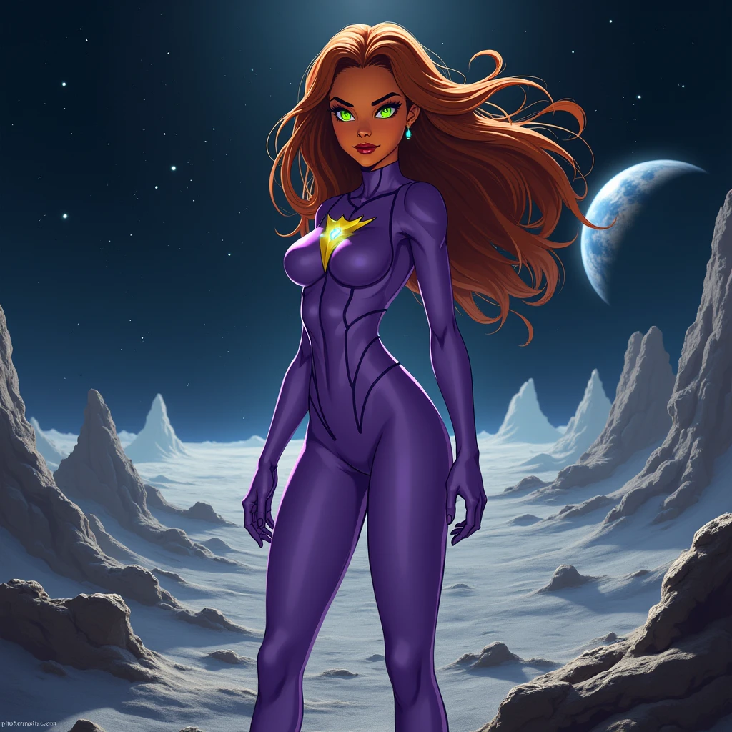 (masterpiece, best quality:1.2), Starfire from the Teen Titans, 1girl, solo, breasts, long flowing red hair, night, purple metallic body suit in a deep V opening in front opening, unzipped all the way down, open bodysuit, solid green glowing eyes, space background, perfect hands, perfect fingers, skimpy outfit, orange skin