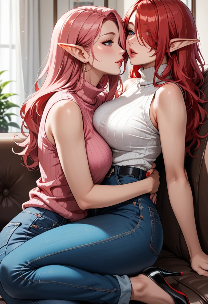 score_9, score_8_up, score_7_up, 2girls {Afemale_and_Bfemale}, Tag1: {Afemale: Adult, Mature, Curvy, Elf Woman: 1.3, (Long Red Hair over one eye: 1.6), wearing a (Long Sleeve Turtleneck Shirt with Blue Jeans and Black Stiletto High Heels: 1.3), (Bare Arms: 1.3), curvy: 1.3} and Tag2: {Bfemale: Adult, Curvy, Mature, Elf Woman: 1.3, (Long Pink hair over one eye: 1.3), wearing a (Pink Long Sleeve Turtleneck Shirt with Blue Jeans and Pink Stiletto High Heels: 1.3), (Bare Arms: 1.3), curvy: 1.3}, Lying on back on sofa, Arms around waist, hand in hair, about to kiss, Mouth Open, Breath Visible, eyes half open, leg lock around waist: 1.3, Medium Breasts: 1.3, (Close-up_from_side: 1.1),