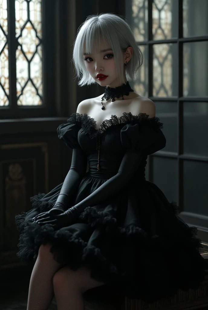 whole body, creepy room, skirt, shirt, long sleeves, frills, smile, creepy, skulls, candle, hair ornament, bone, doll, horror theme, absurdres, RAW photo, extremely delicate and beautiful, masterpiece, Best Quality, ultra high resolution, 32k, hyperrealistic, ultra-detailed, detailed description, pale skin, 20 years old, detailed beautiful face and eyes, tearful mole, earring, Colossal tits, short medium hair, wavy hair,