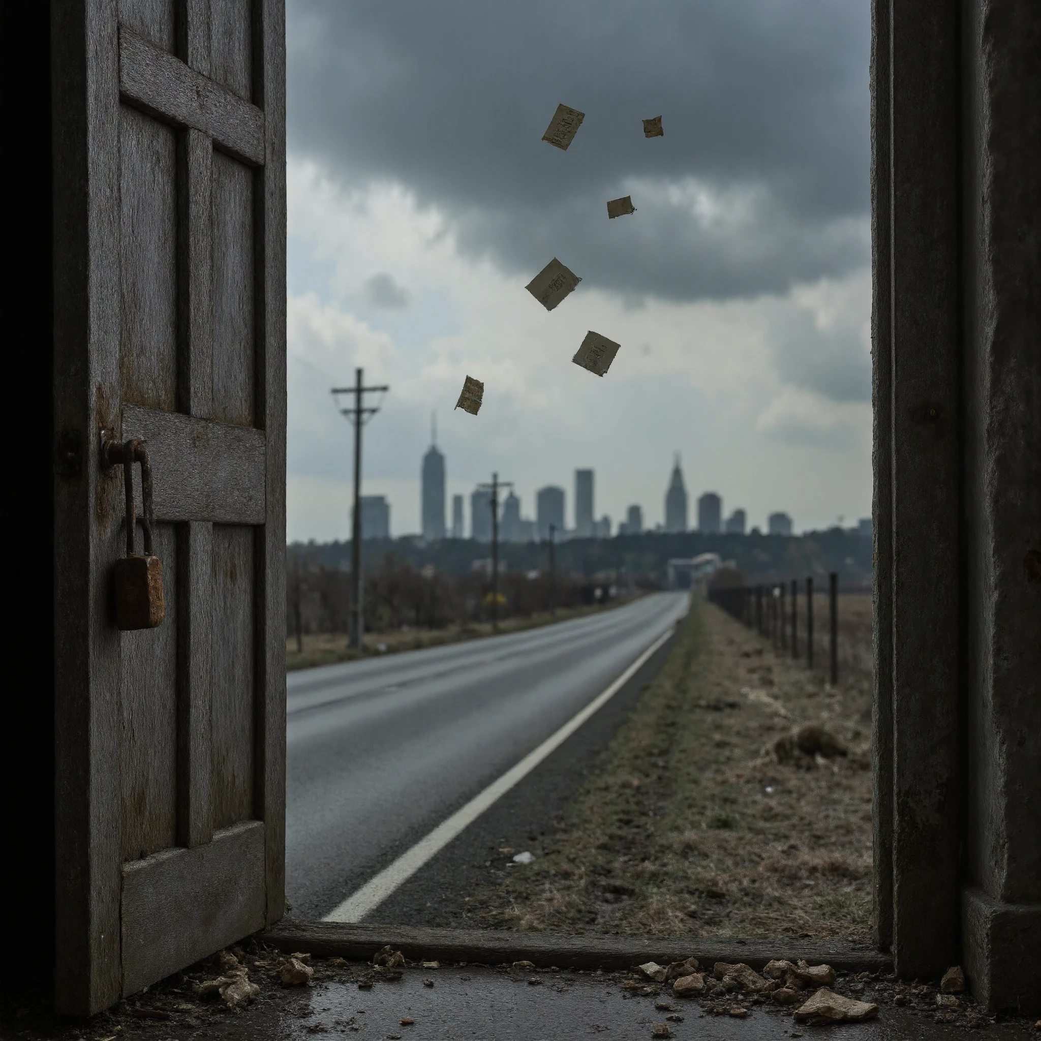 create ultra-realistic imagem A dark, melancholic scene showing an empty road stretching into the distance, lined with decaying, rusted signs and broken fences. On one side, a field with dead, withered plants extends under a cloudy, overcast sky. In the background, a deserted city with abandoned skyscrapers looms, barely visible through a light haze, evoking a ghost town atmosphere. In the foreground, an old, locked door with a large, rusty padlock hangs open, with torn paper fragments blowing in the wind. Each paper piece has faded words like 'promises,' 'dreams,' and 'hope,' drifting away into the gloomy sky. The colors are muted with shades of gray, deep blue, and a touch of sepia, with a grainy texture to add to the feeling of nostalgia and decay.