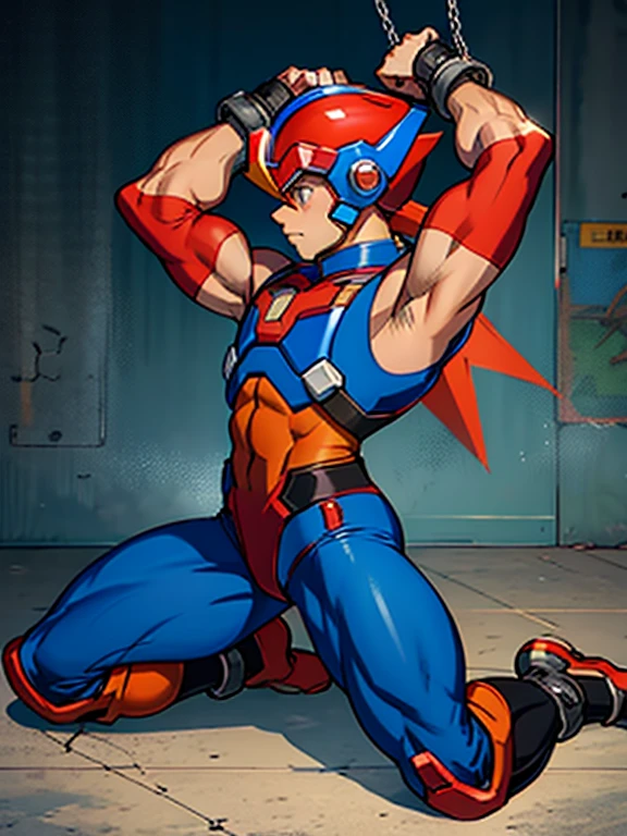 Axl(Mega Man X)　Axl　Boy in Tights 　 helmet 　Kneeling　 realistic skin　 Side View 　全身Boy in Tights 　 raises arms　Boy in spats 　 is chained