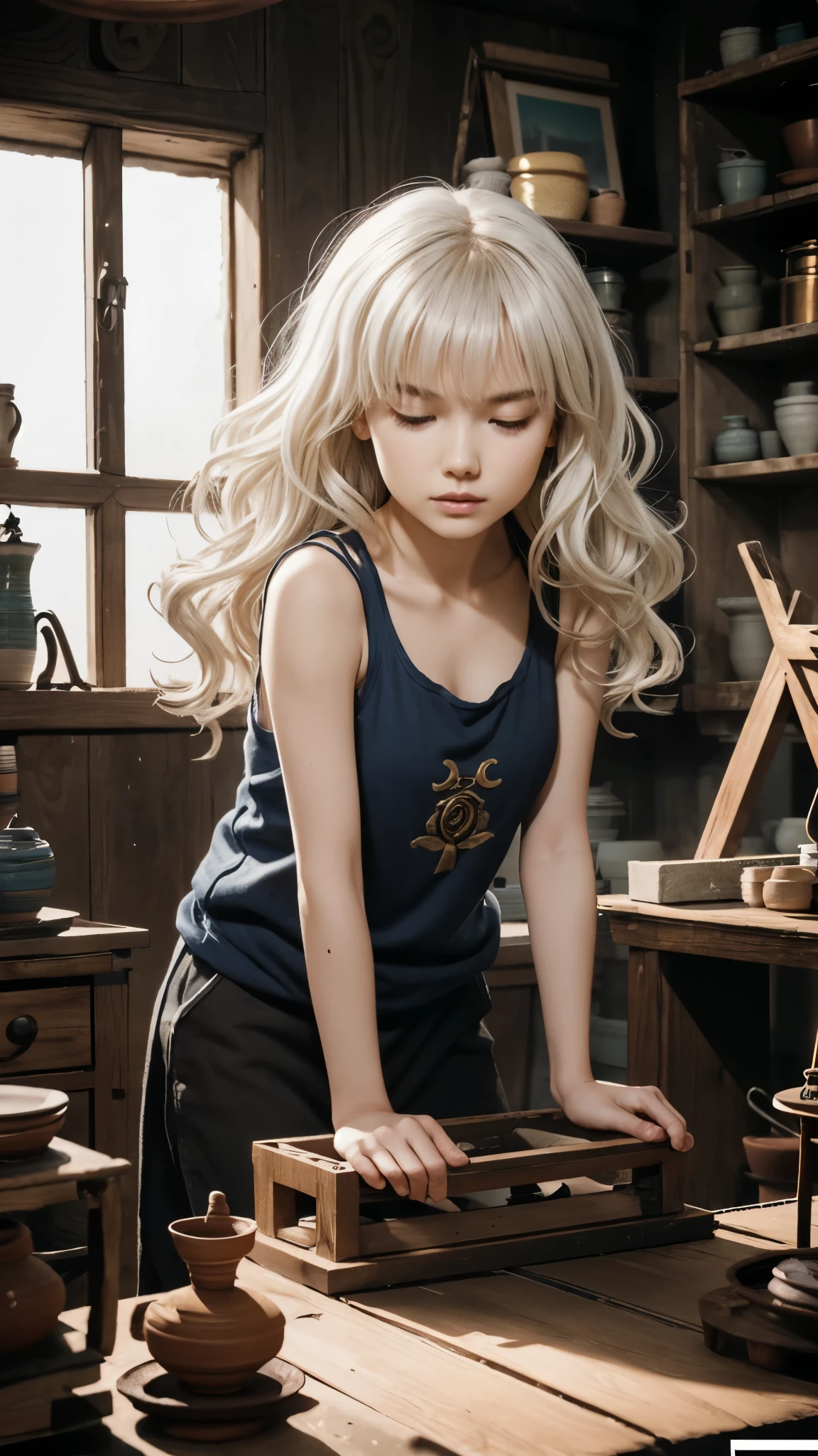 girl, mold clay, (young, cute), (breasts:1.2), detailed skin, loose tank top, long wavy hair, dry hair, pottery wheel, pottery workshop, soft diffusion lighting, pretty, warrior, platinum white blonde hair, ether golden ball,