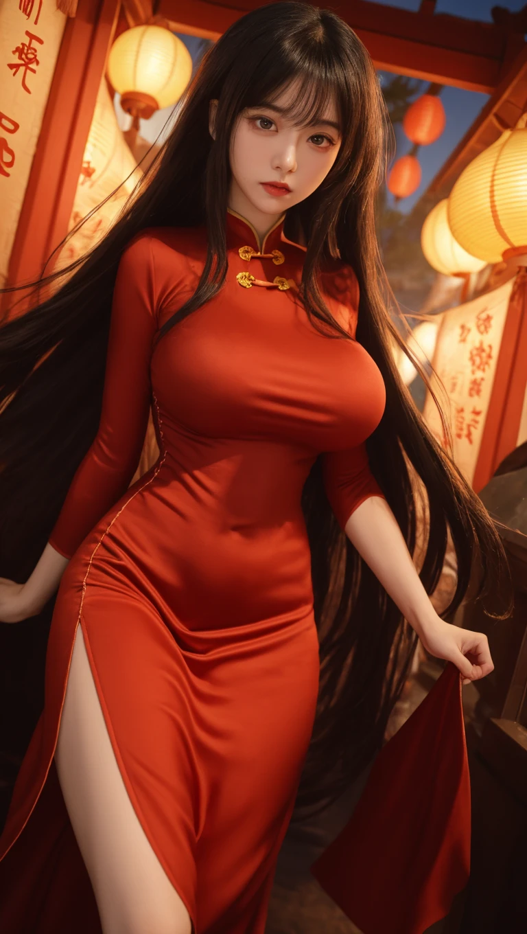 (masterpiece,Best Quality, super high definition),Inside the Western-style building,One Japanese woman,In heat,A seductive and alluring expression,Her beautiful black hair is tied back,bangs,Baby Face,Pursing his lips,
 (((Very beautiful 20 year old))),Big Breasts、(Vermilion satin tube top long dress:1.5),(Tight fit),
Bodyline,(Satin Opera Gloves:1.8),(Knee-high boots:1.8),Satin has a very strong luster,(Lying on your back and spreading your legs :1.5)