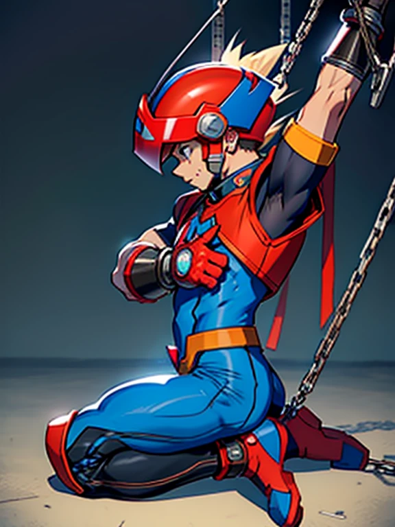 Axl(Mega Man X)　Axl　Boy in Tights 　 helmet 　Kneeling　 realistic skin　 Side View 　全身Boy in Tights 　 raises arms　Boy in spats 　 is chained