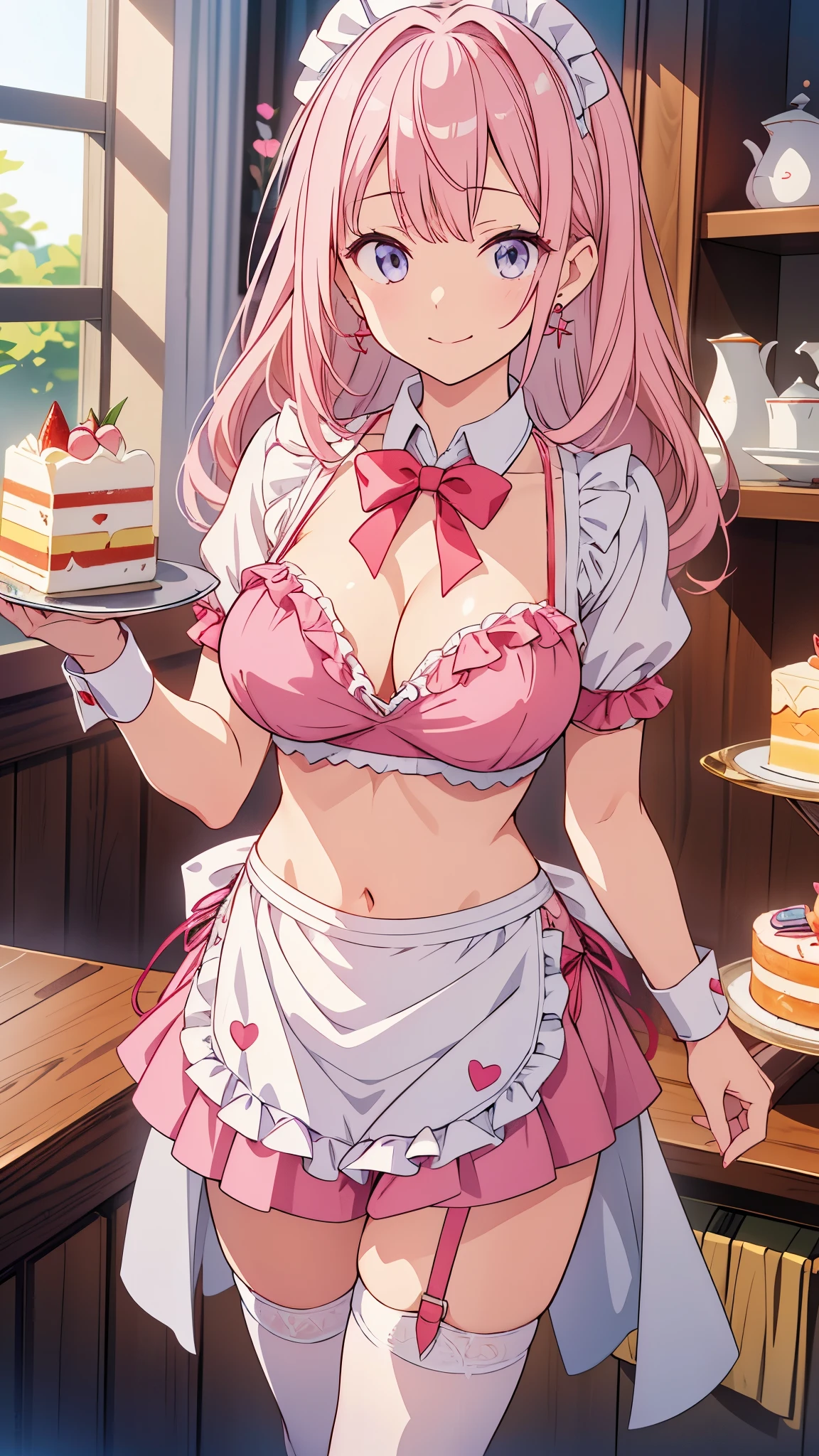 ((32k)), ((best quality)), ((ultra high res)), ((HDR)), ((UHD)), ((extremely detailed CG)), ((unity 32k wallpaper)), (((Virgin girl))), solo, long hair, (breasts), looking at viewer, blush, smile, bangs, thighhighs, bow, holding, cleavage, jewelry, (pink bikini), (medium breasts), closed mouth, standing, swimsuit, (pink hair), short sleeves, bikini, ((cowboy shot)), earrings, frills, food, black thighhighs, indoors, bowtie, apron, cup, puffy short sleeves, wrist cuffs, grey eyes, thigh strap, detached collar, side-tie bikini bottom, thigh gap, table, single thighhigh, waist apron, white apron, plate, tray, teacup, cake, frilled apron, bridal garter, holding tray, cake slice, (night),