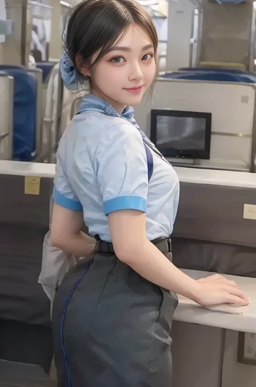 (masterpiece:1.2, Best Quality:1.2), 32kHDR,  Hi-Res , (Alone、  1 girl)、（on board、  professional lighting protruding forward）、In-flight background、（ANA flight attendant uniform blueを着たリアルスタイル）、（（ANA flight attendant uniform blue short sleeve blouse 、 ANA flight attendant uniform blue skirt with blue line on the back、Scarf around the neck））、 Dark brown hair 、（ Long Hair、Hair tied up、Hair tied up）、 Dark brown hair 、 Long Hit 、Big Breasts、Thin legs、（（Great hands：2.0）），（（  harmonious body proportions ：1.5）），（（Normal limbs：2.0）），（（Usually refers to：2.0）），（（ DELICATE EYES FULL OF DECISION：2.0）），（（Normal eyes：2.0））)、smile、（ANA flight attendant uniform blueを見せた美しい後ろ姿）、Cross your hands 
