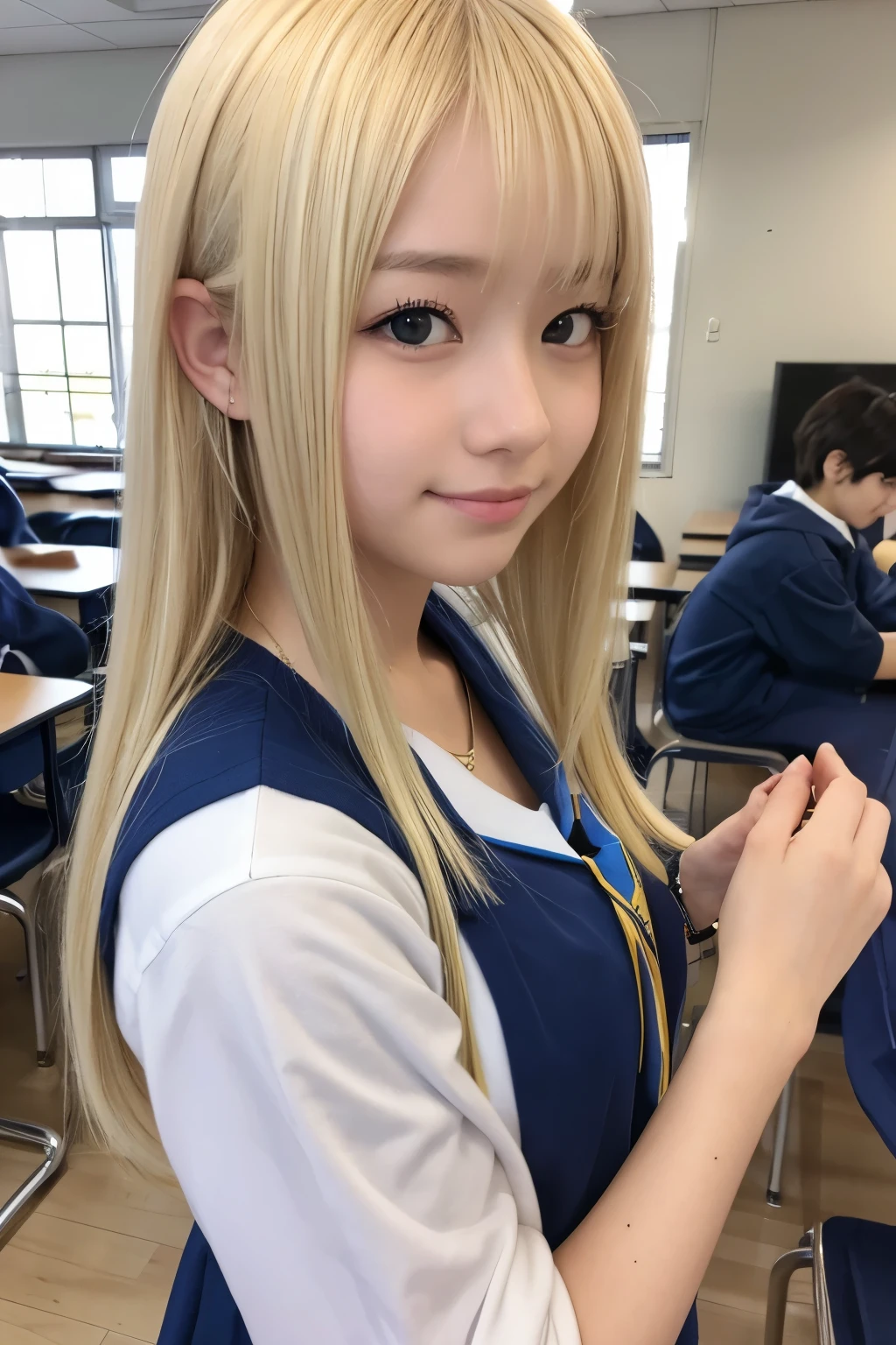 Her windblown blonde hair obscures her pretty face..、Bangs that flow between the eyes、Sexy big 、16 year old cute little smile、Shiny, bright, straight, super long blonde hair、Cute and beautiful long, smooth bangs covering the area between the eyes、Long, straight, silky hair、sexy and cute beautiful young girl、clear, white and Shiny skin、Shiny skin、Beautiful Face、Beautiful brown eyes that shine so brightly、Very big eyes、Small Face Beauty、Perfect beauty、（Full body 3：1）、（high school girl）、classroom、Sit on a desk、uniform、Sailor suit、Short skirt、Sexy shot、gravure、Pool、Get wet、 information