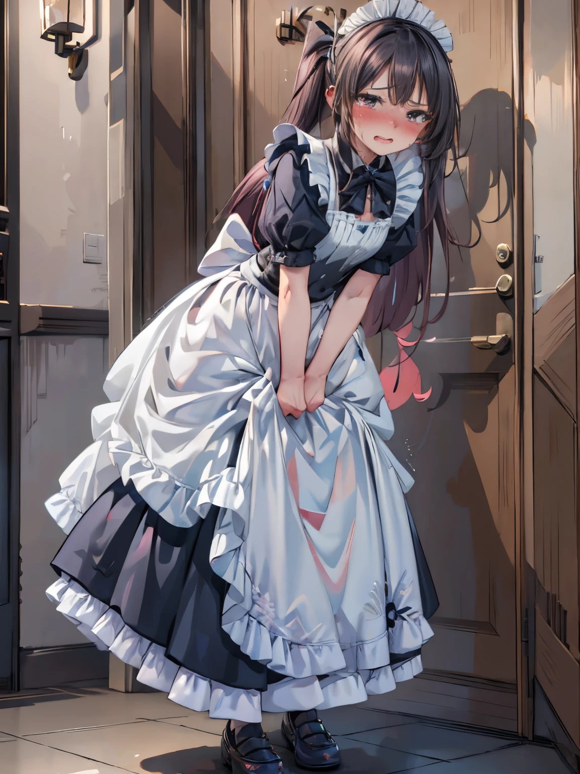 (8K, ultra-detailed, best quality, anatomically perfect body:2), (middle breast:1.2), shiny skin, (1 girl), (have to pee), (urge to pee), (very desperate to pee), girl Waiting line for the restroom, (fidget:2), (transparent peeing, wetting self:0.1), (Victorian maid:1.4), (mary Jane shoes:1.3), (leaning backward:1.3), (shrugs:1.6), (orgasm:1.1), (full face blush:1.7), (embarrassment:1.6), (impatience:1.5), (flustered:1.5), (flowing sweat:0.7), (twist whole body:1.6), (panting), breathless, (Humiliation:1.2), (Erotic feelings), (closed eyes:0.7), (looking away), (tear:1.4), (head tilt:1.2), (closed mouth:0.7), (SIGMA 105 mm F/2.8, 1/100 sec shutter, award-winning), nsfw,