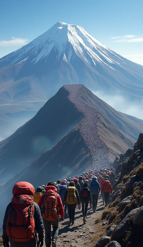 On a plateau on top of a mountain, below thousands of people are gathering, with castle at the end of the mountain