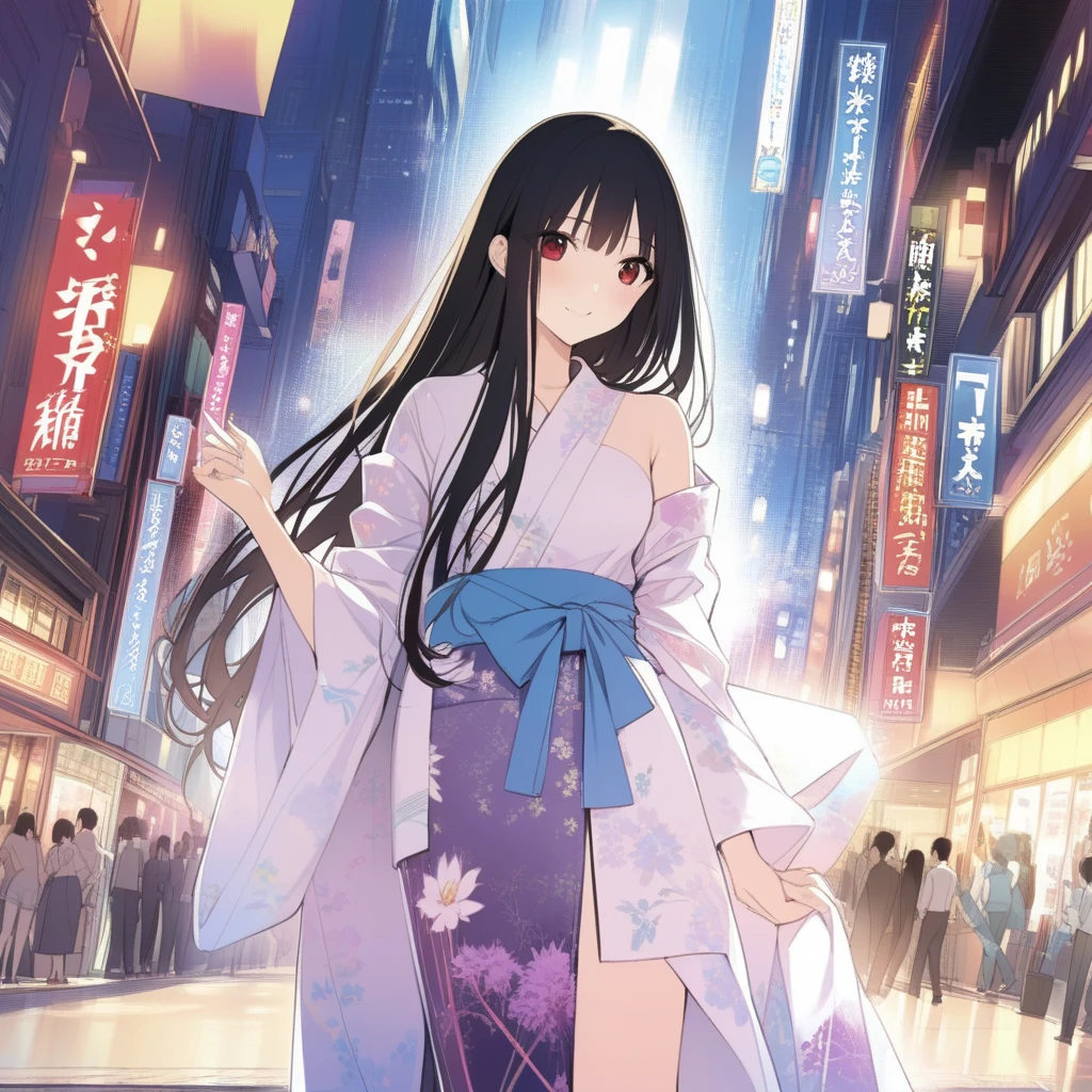 masterpiece,   Details, 8k, Best Quality, Novel illustrations, Young２ girls, Junior high school students、yukata, カラフルなyukata , slender, Black Hair, Long Hair,Hair long enough to reach your feet、  short bang ,   Details face,  Red eyes , Small breasts、 and stare at my tall boyfriend、I look up shyly 、 A lovely blushing smile ,  hold hands with her,  sleeveless, off shoulder、 We look at each other's visible chest 、 A bustling summer festival at night, Dazzling fireworks 、Accurate hands、the girlfriend 、profile、 beside you、Next to me、Thighs、knees、geta