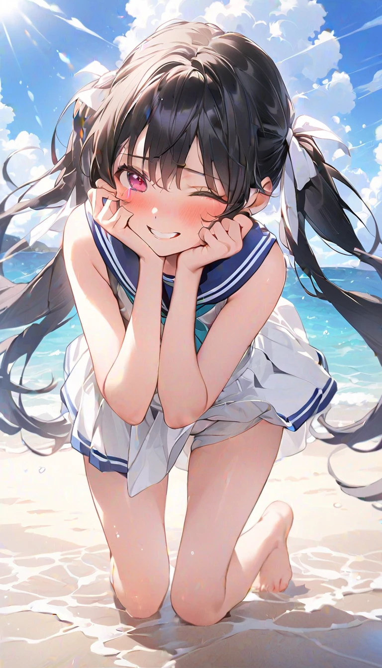 (realistic, photo realistic:1.2), ((highest quality)), move the center of gravity backwards, pretty embarrassing, hokko tarumae \(umamusume\), Purple eyes, barefoot, White bikini, (Red frill:1.2), horse taill, (squat:1.4), put the heel on the ground, spread legs, squat with your knees up, Attach your ass to the ground, beautiful face details, real human skin, gentle expression, realistic, photorealistic, cute, squat deep on beach, whole body, Smile, natural smile, charming smile, enchanting smile, (looking at the viewer:1.2), From before, from below, (wind:1.1)