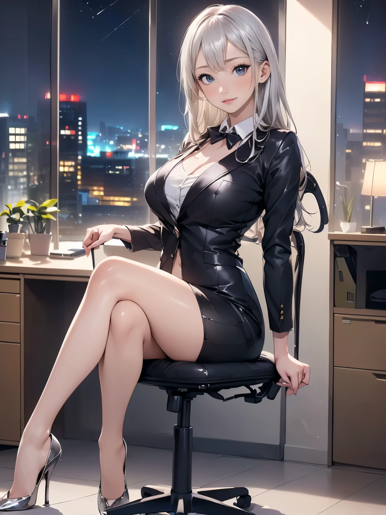 ((wavy white long hair):1.3,beatiful detailed eyes,Perfect proportions,eyes with brightness,The face is red,Very red,Very shy,choker necklace,ear jewelry,Pink and moist lips),Sexy beauty in 1 room,Spacious office,sitting on computer chair,In front of you are computer desks and computers,Smile back,Elegant and beautiful hairpins,White wavy curls,Bare-legged and high heels,Small black suit,pleatedskirt,red necktie,Dignified and capable,((8K,tmasterpiece,realisticlying),(Hyper-detailing,Ultra-clear,naturey,)
