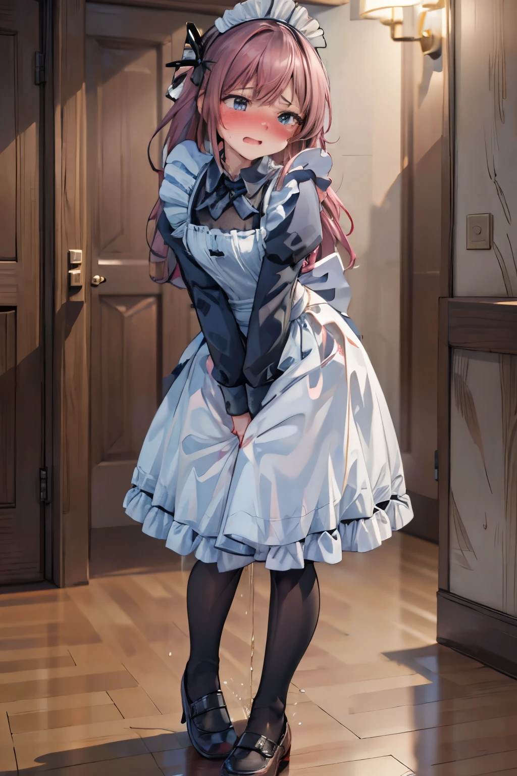 (8K, ultra-detailed, best quality, anatomically perfect body:2), (middle breast:1.2), shiny skin, (1 girl), (have to pee), (urge to pee), (very desperate to pee), girl Waiting line for the restroom, (fidget:2), (transparent peeing, wetting self:0.1), (Victorian maid:1.4), (mary Jane shoes:1.3), (leaning backward:1.3), (shrugs:1.6), (orgasm:1.1), (full face blush:1.7), (embarrassment:1.6), (impatience:1.5), (flustered:1.5), (flowing sweat:0.7), (twist whole body:1.6), (panting), breathless, (Humiliation:1.2), (Erotic feelings), (closed eyes:0.7), (looking away), (tear:1.4), (head tilt:1.2), (closed mouth:0.7), (SIGMA 105 mm F/2.8, 1/100 sec shutter, award-winning), nsfw,
