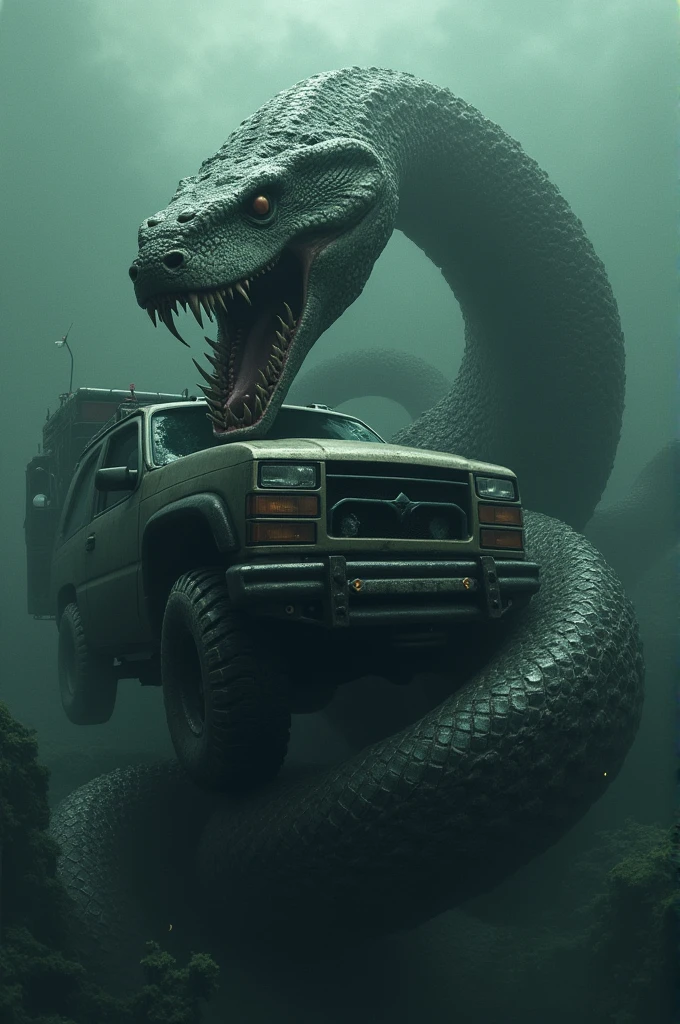 A mafia with black g wagon in forest raning and red blood on the car at night in front of car an black panther eating dead body in the back an dragon standing behind and mafia are scared and water Lake in the side and night in the forest