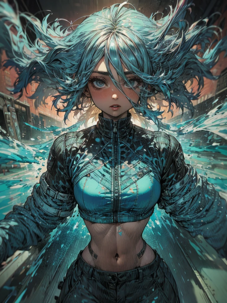 Award-winning Samdo art style、Wearing a crop top and cargo pants、Dark blue teal hair style with head movement、Half-body portrait of a beautiful woman with flowing hair。,  paint splashes , Splash, Overtake, Vaporware, Flat illustration with shadow,  digital art,  Artstation  ,  several people having fun with each other while having very detailed ,  Sex, Complex