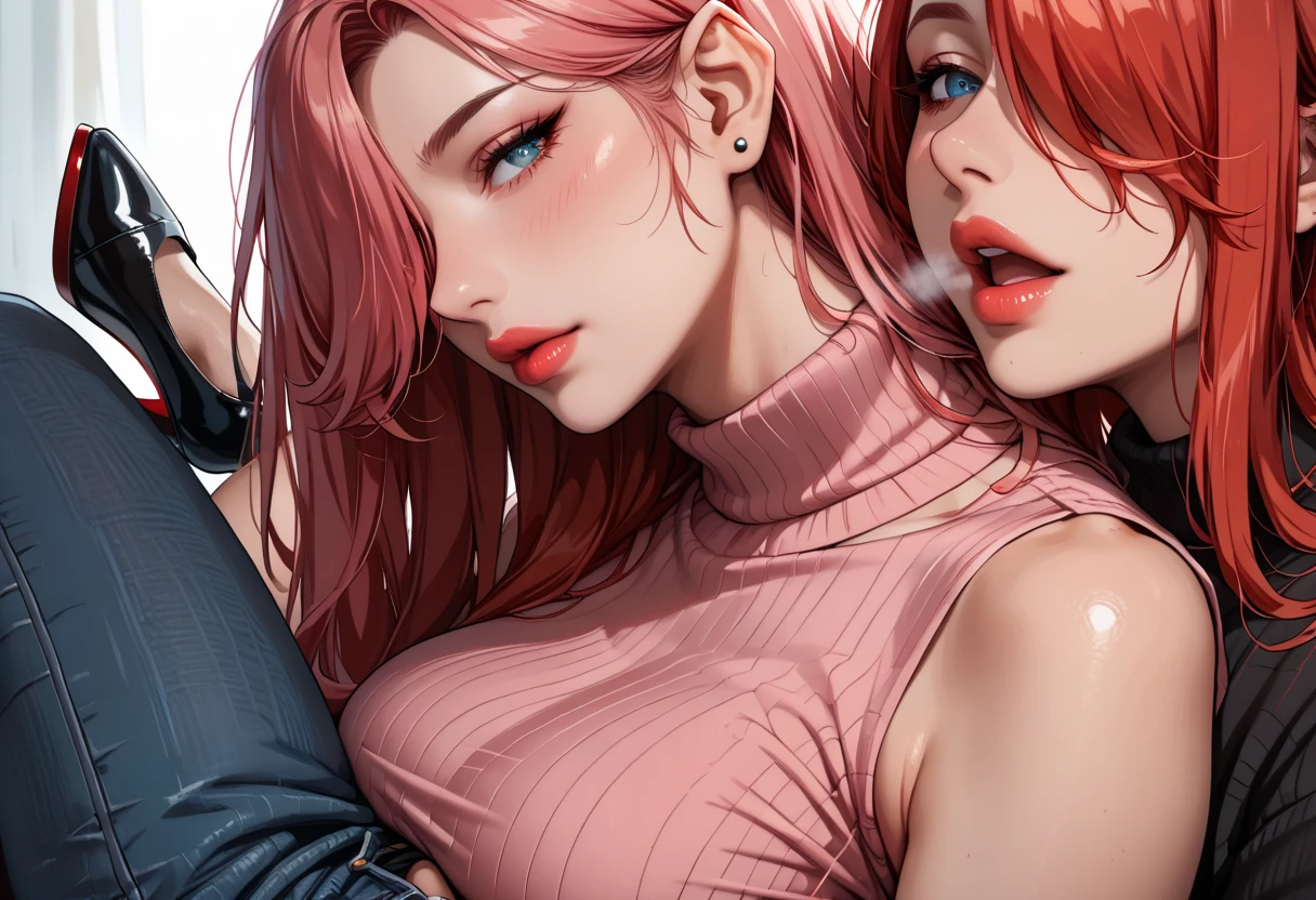 score_9, score_8_up, score_7_up, 2girls {Afemale_and_Bfemale}, Tag1: {Afemale: Adult, Mature, Curvy, Elf Woman: 1.3, (Long Red Hair over one eye: 1.6), wearing a (Long Sleeve Turtleneck Shirt with Blue Jeans and Black Stiletto High Heels: 1.3), (Bare Arms: 1.3), curvy: 1.3} and Tag2: {Bfemale: Adult, Curvy, Mature, Elf Woman: 1.3, (Long Pink hair over one eye: 1.3), wearing a (Pink Long Sleeve Turtleneck Shirt with Blue Jeans and Pink Stiletto High Heels: 1.3), (Bare Arms: 1.3), curvy: 1.3}, Lying on back on sofa, Arms around waist, hand in hair, about to kiss, Mouth Open, Breath Visible, eyes half open, leg lock around waist: 1.3, Medium Breasts: 1.3, (Close-up_from_side: 1.6), LowKeyLights_v2
