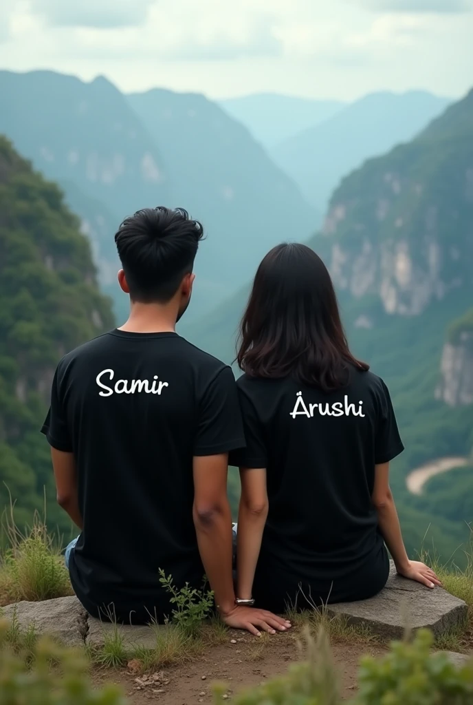 A beautiful girl whose name is HURAIN written on her clothes And A handsome boy whose name is HIMANSHU written on his clothes. or both of them are looking towards the front or are sitting on the bench.