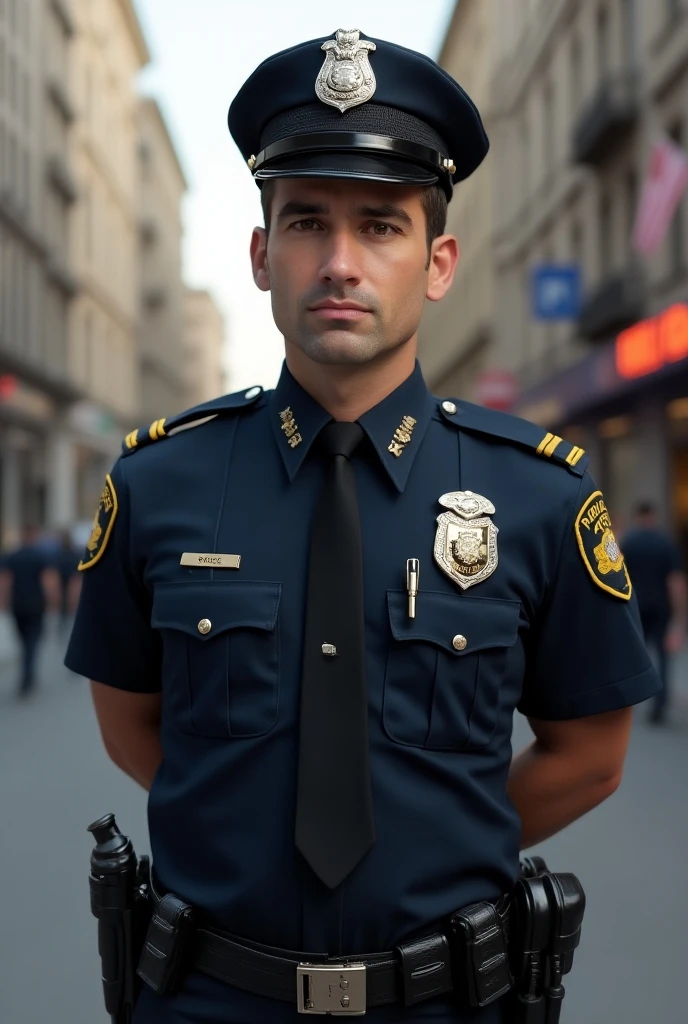 Create for me an image based on Pixar Disney of a dark-skinned man with green eyes and curly hair dressed in a police uniform, complete with badge and cap. He is riding on a brown horse, holding a club in one hand while the other holds the horse&#39;s reins. The horse is standing, exibindo uma postura majestosa, while the police officer maintains a determined and confident expression on his face. Ao fundo a cidade do Rio de janeiro 