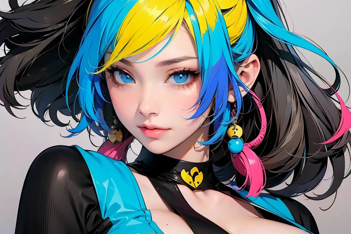 a portrait of a woman who looks very bored, glitter slime dripping from her face, she has long hair with colored streaks, neon lipstick