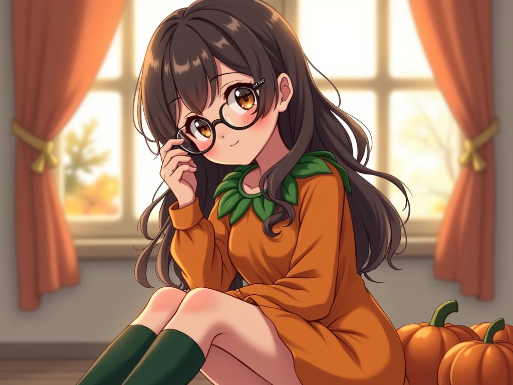 1girl, solo, masterpiece, <lora:orenji:0.8> orenji, ginger hair, freckles, glasses, pale green dress, (plaid dress), white pantyhose, (holding an orange), round eyewear, green ribbon, hair ribbon, green hairband