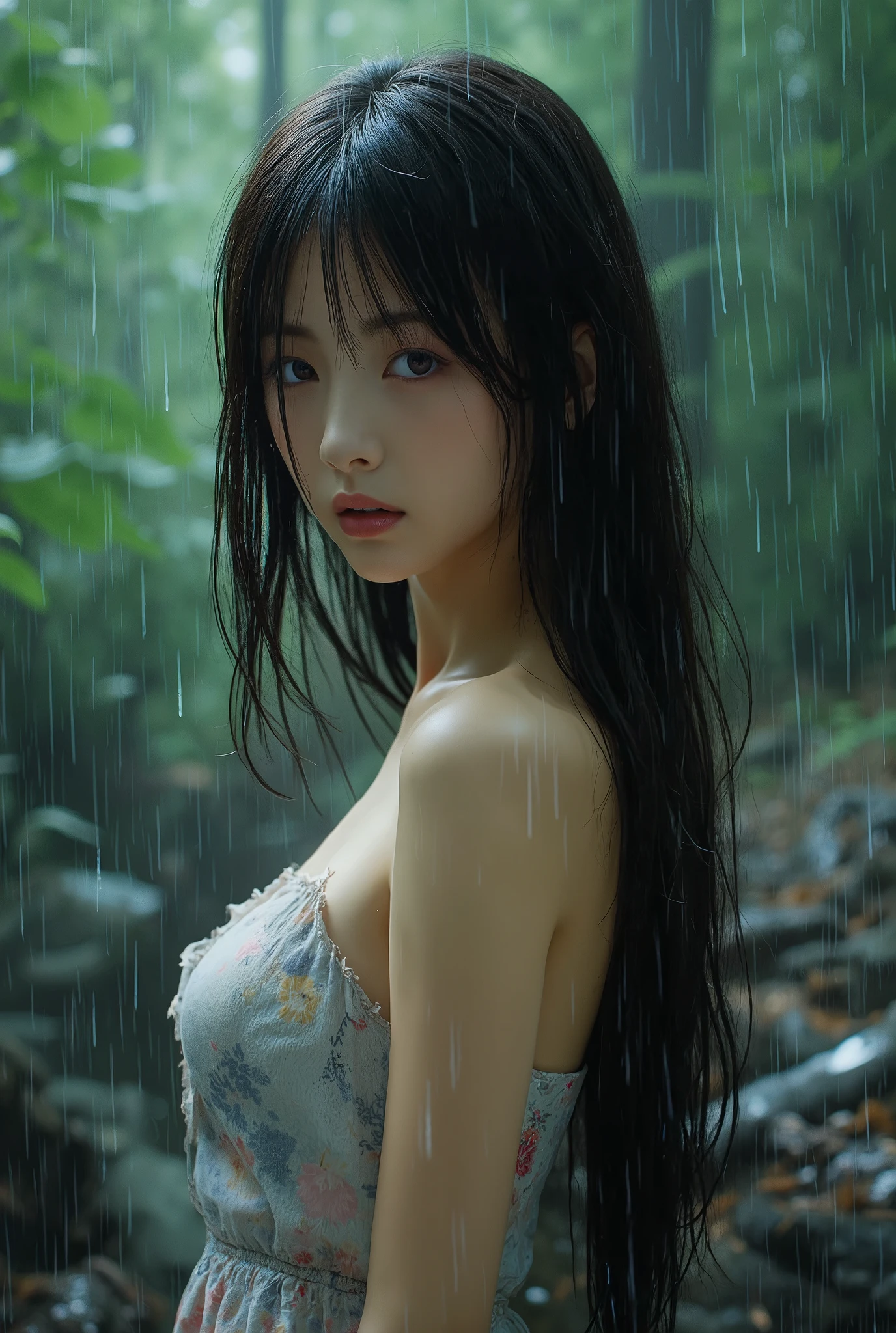 Abandoned ruins sexy standing pose,full-body portraits(1:1),18 years old girls,Slender and slender figure,Skinny,As thin as a whipping post,Smaller bust,The barefoot,Random nudity all over the body,exhibitionists,Random exposure of genitals,face to the viewer