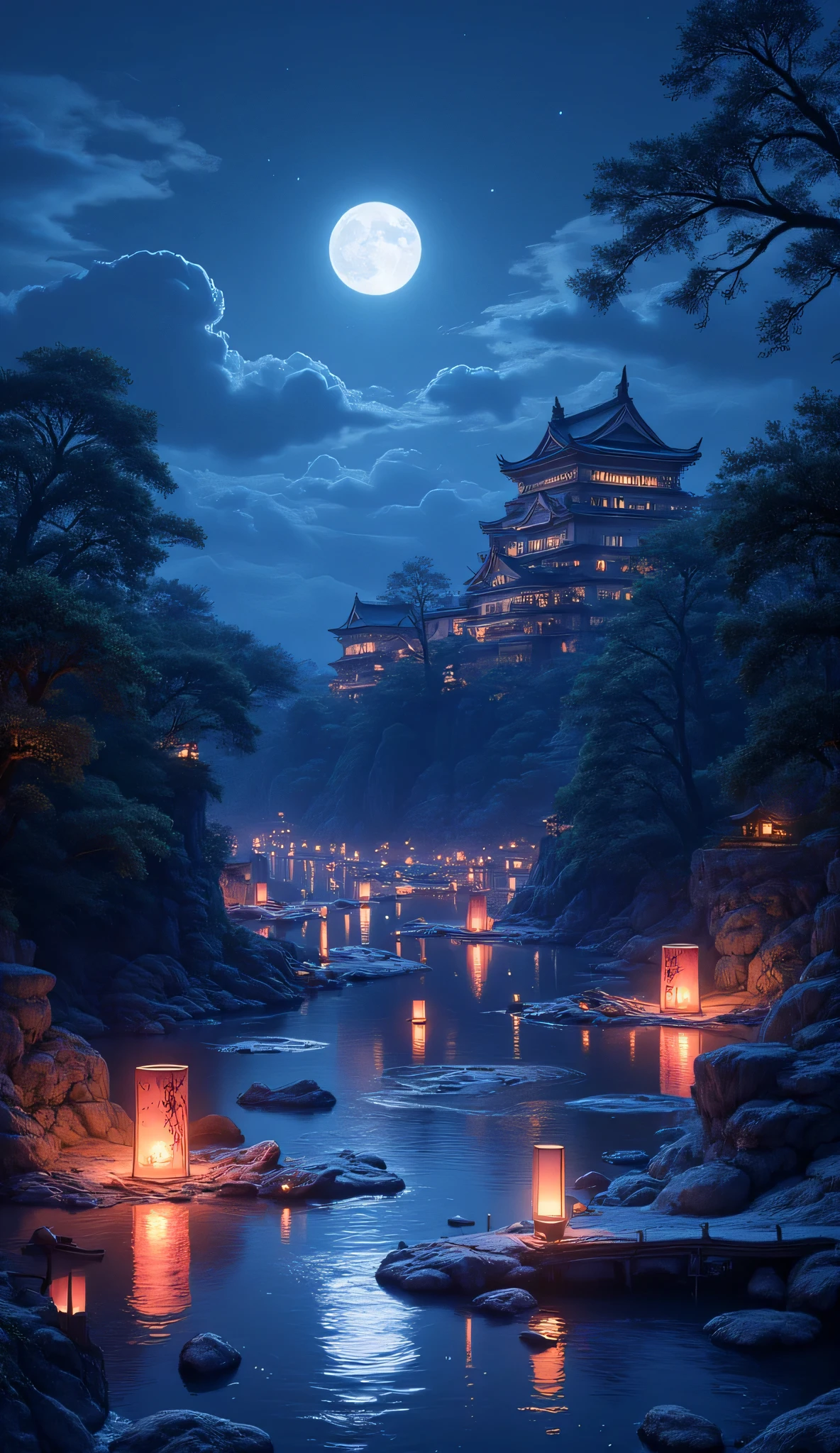 there is a river in the night there are floating lanterns, lanterns in many colors,  in its water, the moon is in the sky, reflected in the river, there is  Japanese castle near the river, hyp3rd3tail style,