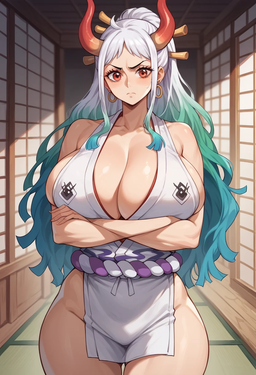 Yamato, too small tight fitting kimono, crossed arms, looking at user, normal anotomy, gigantic breasts and ass, in the old style Japanese house, front view 