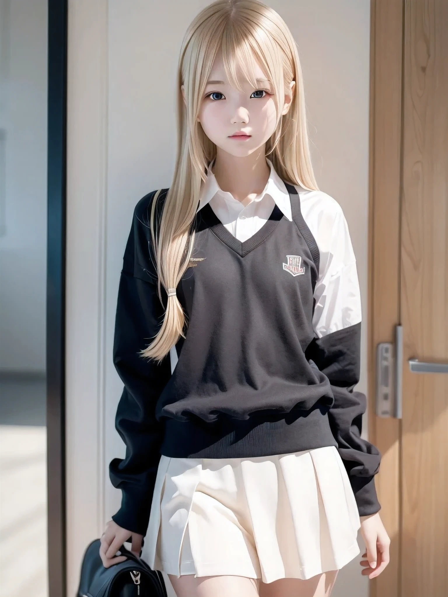 1 girl, Alone, Slender body, flat chest, ( blonde hair), School, School uniform, perfect face, cool girl , ager