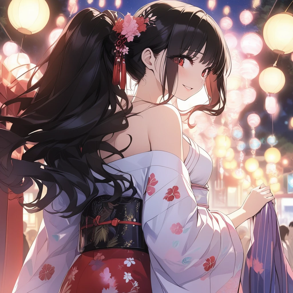 masterpiece,   Details, 8k, Best Quality, Novel illustrations, Young２ girls, 、yukata, カラフルなyukata , slender, Black Hair, Long Hair,Hair long enough to reach your feet、  short bang ,   Details face,  Red eyes , Small breasts、 and stare at my tall boyfriend、I look up shyly 、 A lovely blushing smile ,  hold hands with her,  sleeveless, off shoulder、 We look at each other's visible chest 、Quiet grounds away from summer festivals, Dazzling fireworks 、Accurate hands、the girlfriend 、profile、 beside you、Next to me、Thighs、knees、geta