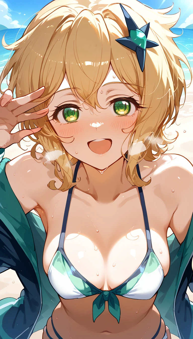 Best Quality,  Soft Light,  ultra high resolution, cute, beautiful face down to the smallest detail, high resolution details of human skin texture, shiny skin,sweat,Heat, white breath ,Akatsukiri Song,Blonde,Short Hair,Hair accessories, Sexy Poses,bikini,Take off your jacket,Seaside,sunlight,whole body,Symphogear,smile,Open your mouth,Push your hips out to the side, winks,Green Eyes,stand