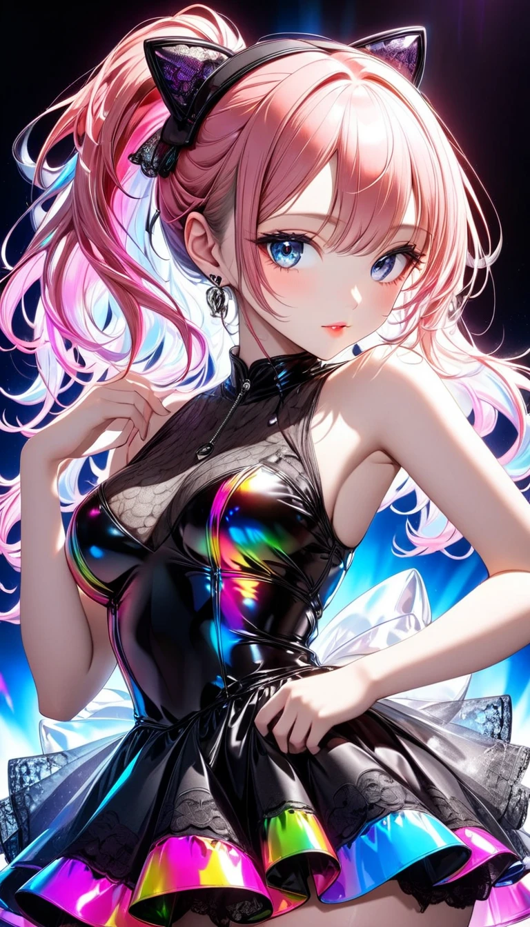 (High waist skirt, sexy dress), (solo), lycoris recoil, (1 cute girl), sexy, 25 years old, drooping eyes, (masterpiece:1.2), (best quality:1.2), (very aesthetic:1.2), (absurdres:1.2), (detailed background),newest,ai-generated, (((Pink hair, short hair, bob cut, black eyes))), (visible nipples:0.7), (camel toe:0.3), Cute face, medium_breasts, ((Thin thighs)),Bright park, dynamic poses, Metallic Outfit,