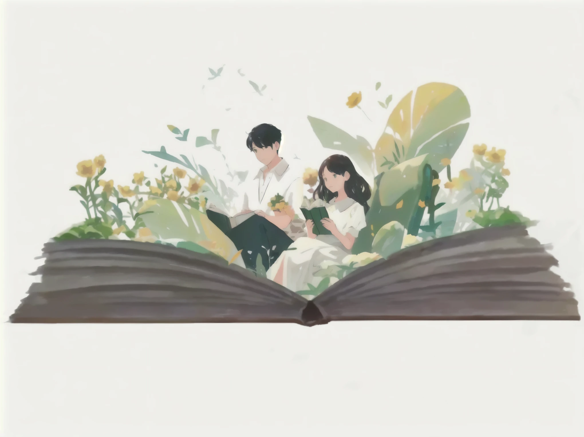  Illustration of a couple reading a book in the middle of a flower field,  book illustration , detailed  book illustration ,  full page illustration , story  book illustration , picture book ,   beautiful illustration  , cute story book illustration , text book illustration  in clolour, blurry and  fantasy illustration , a story book illustration ,  storybook illustration ,  illustration novel ,  fantasy illustration ,  book under a tree 