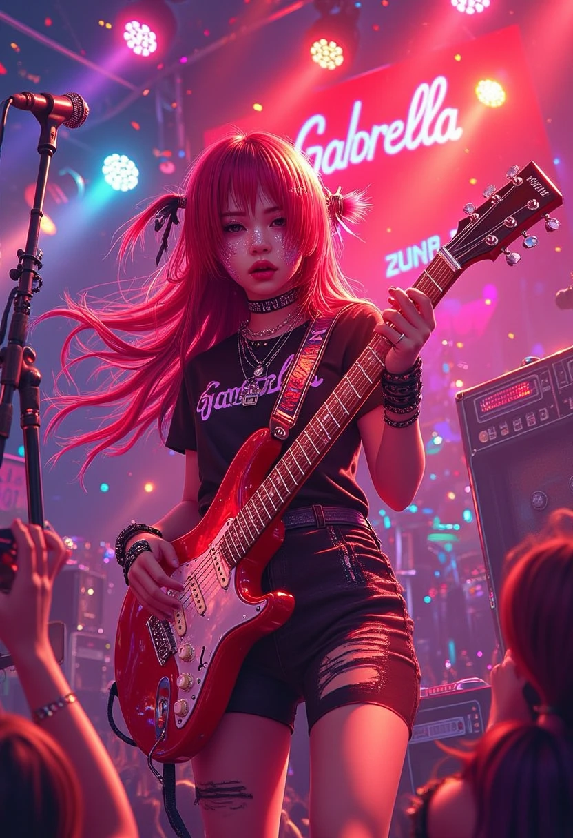 a girl,wearing short rocker clothes,small chest, with long red hair,the strands of her hair are dyed black, her face is painted white, and near the eyes painted black, she is playing guitar,holding a rock guitar, behind her there are posters and neon lights flying with people enjoying the show she is playing in a chaotic light show all excited,with a manic look in some places in the air it says Gabriella, around her chaos, until:anime,classic. 