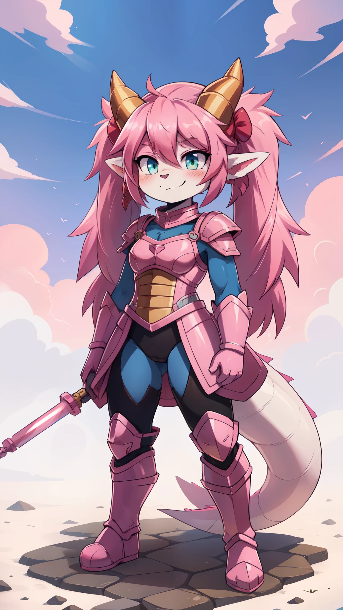 score_9,score_8_up,score_7_up, source_cartoon, source_furry, dragon girl, dragon red horns, green eyes, dragon tail, ((pink hair, messy hair, twintails, drill hair)), animal nose, furry, blush, dragon tail, looking at viewer, smile, dragon horns, pointy ears, furry female, ((two tone body fur, clear blue body fur, white body fur)), ((pink armor chestplate, pink armor gloves, pink armor shoulders, Pink armor)), small breast, full body, feets with three toes, 3 toes, short body, tiny body, motion blur, thick outline, anthropomorphic, countershading, white background, simple background, standing, white frackles on face, white frackles on body, DND style, BREAK, full length, super detailed illustration,