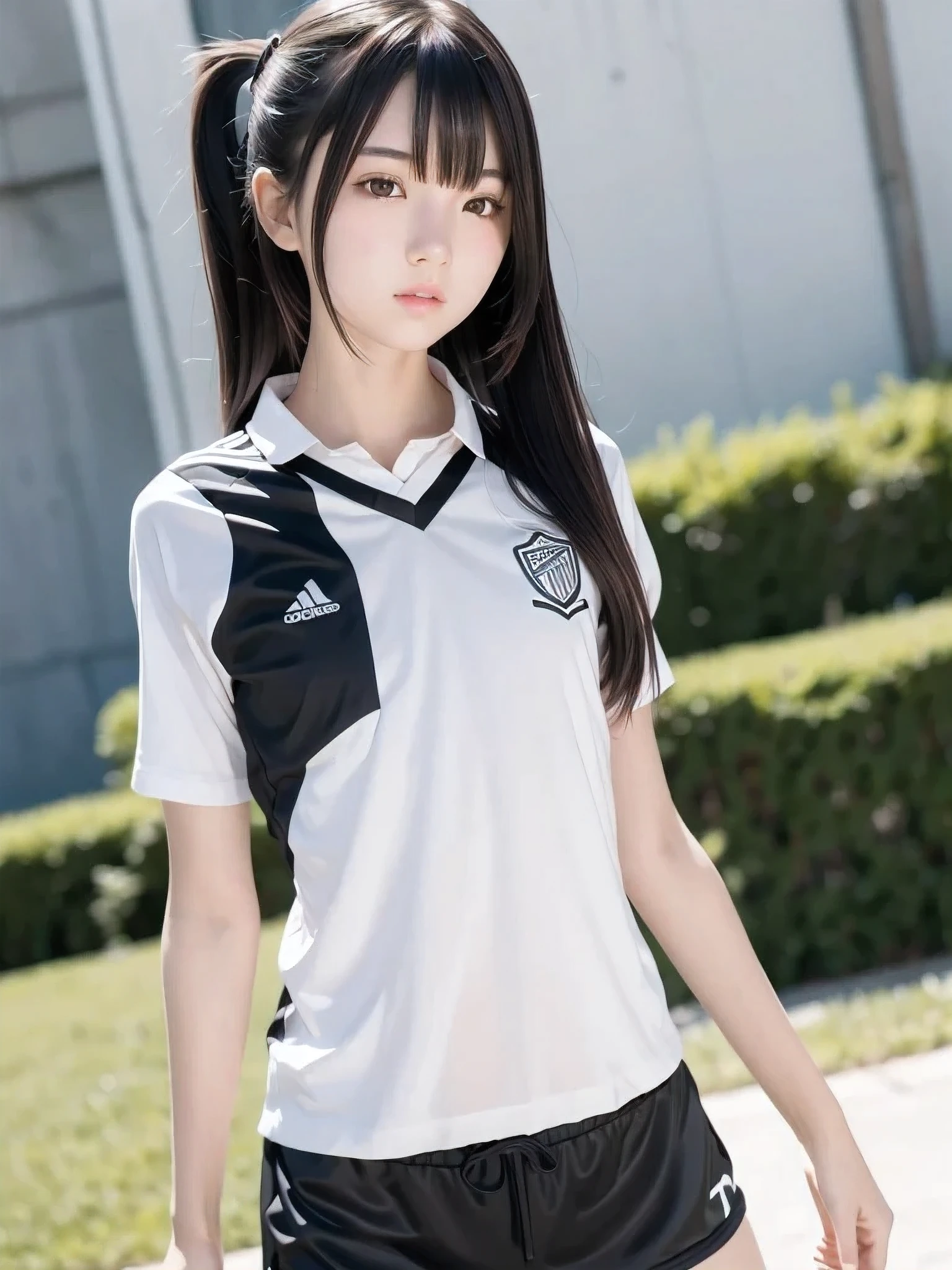 1 girl, Alone, Slender body, flat chest, (Black Hair), perfect face, cool girl , , soccer, soccer uniform