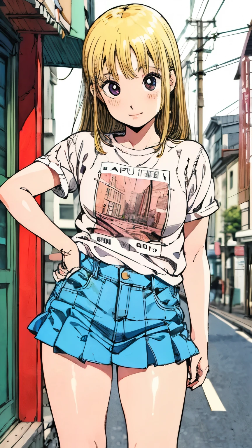 (masterpiece, best quality), high resolution picture of a Japanese trans-woman, intricate details, extremely detailed, sharp focus, portrait, solo, 1futa, futanari, otokonoko, slender, flat chest, (t-shirt, miniskirt), standing, looking at viewer, outdoors, city scape