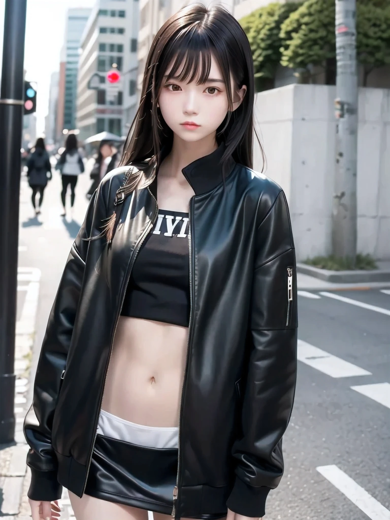 1 girl, Alone, Slender body, flat chest, (Black Hair), perfect face, cool girl , ager , city, street, black jacket