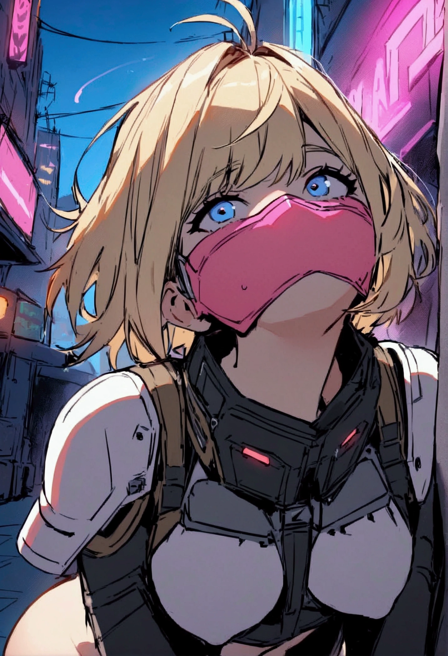 masterpiece,  Best Quality, , (Alone),  one girl playing pranks,  look up ,  sex, ,  horizon _( Apex Legends), goggles,  blue eyes, Blonde Hair Gauntlet ,  shoulder armor ,   have , (Freckles:0.5), , (science_ FICTION),  outdoor , street,  neon light,  Cyberpunk , pink mask