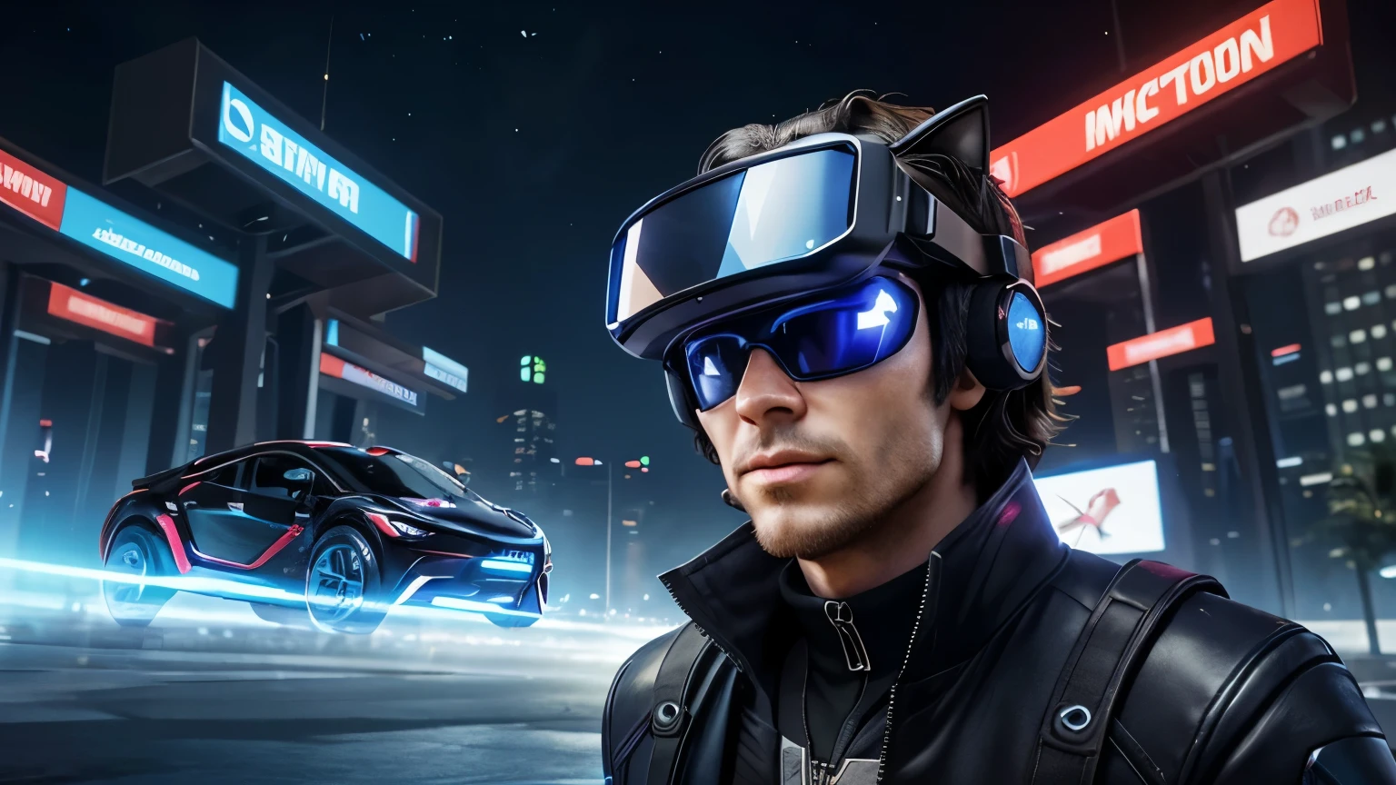 Arafed man in a futuristic city with a car in the background - SeaArt AI