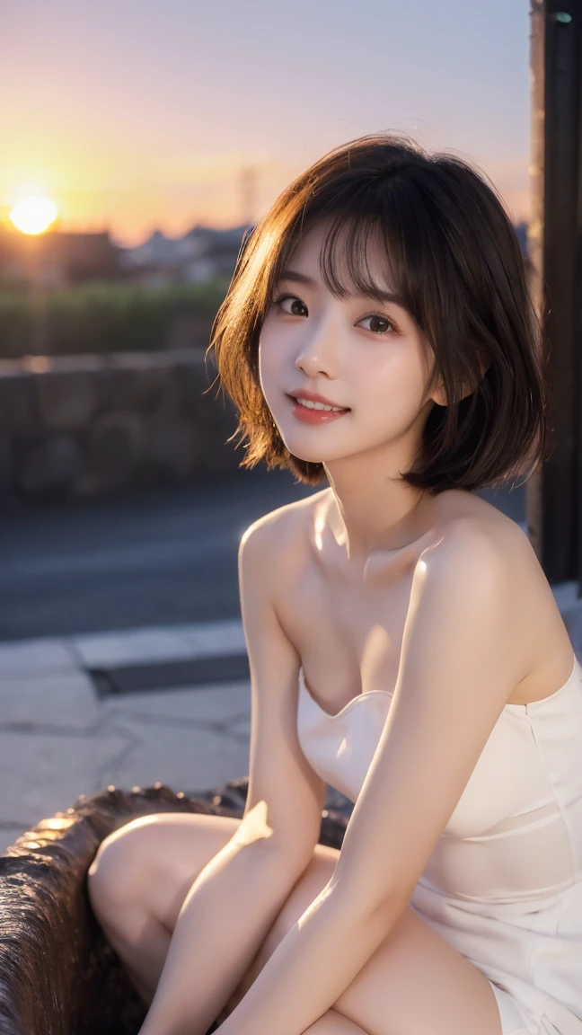 (Highest quality, masterpiece, Ultra-high resolution, 8k, RAW Photos, Realistic, Anatomically correct:1.5), 20-year-old girl:1.2, Embarrassing, avert your eyes, blush:1.0, View Viewer, ((bar)) 、Large windows、Night view、 Light:1.2, Bokeh, Cinema Lighting:1.0, Depth of written boundary, sharp、 Cute Face、Idol、Black short sleeve lace top、Black pleated skirt、Shiny clothes、”dwarf”、(Floral clothes)、(Full Body Shot)、Side angle、Cowboy Shot、( smile)、((Ultra short hair、Berry Short))、(Straight bangs)、((See-through))、(( One Girl))、Waist、I can see your thighs、