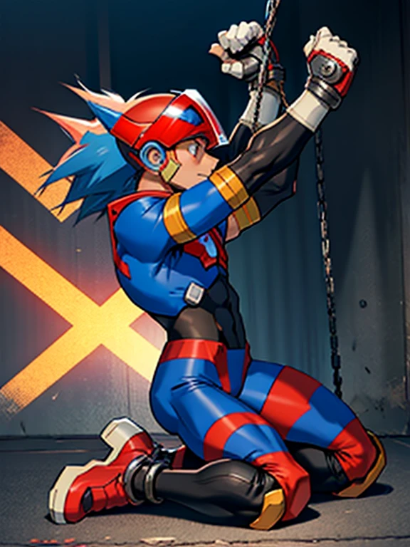 Axl(Mega Man X)　Axl　Boy in Tights 　 helmet 　Kneeling　 realistic skin　 Side View 　全身Boy in Tights 　 raises arms　Boy in spats 　 is chained