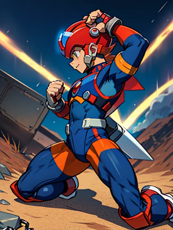 Axl(Mega Man X)　Axl　Boy in Tights 　 helmet 　Kneeling　 realistic skin　 Side View 　全身Boy in Tights 　 raises arms　Boy in spats 　 is chained