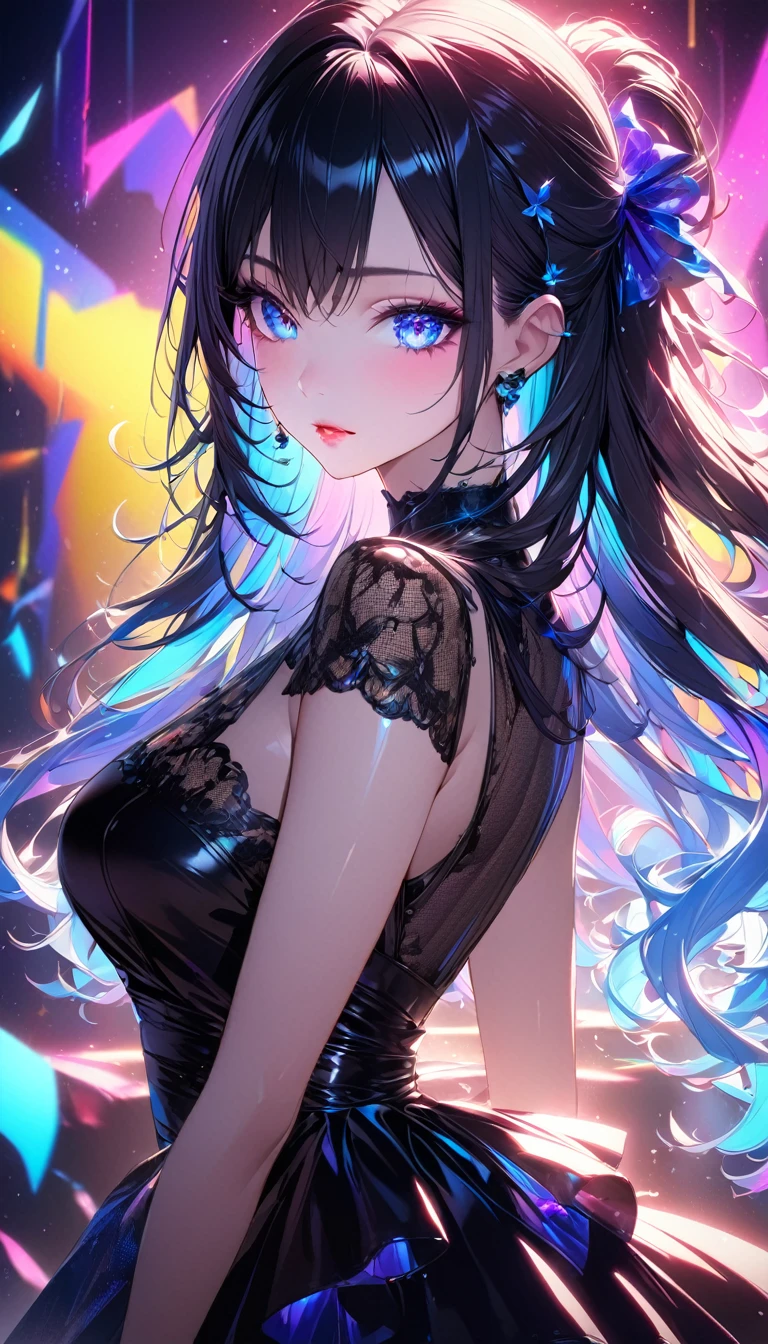 {{masterpiece}}, best quality, extremely detailed CG unity 8k wallpaper, cinematic lighting, lens flare, beautiful detail eyes, black, lingerie, white lace bra, multicolor hair, colorful light, particles, heterochromia, (colorful:1.5), (colorful hair:1.5)