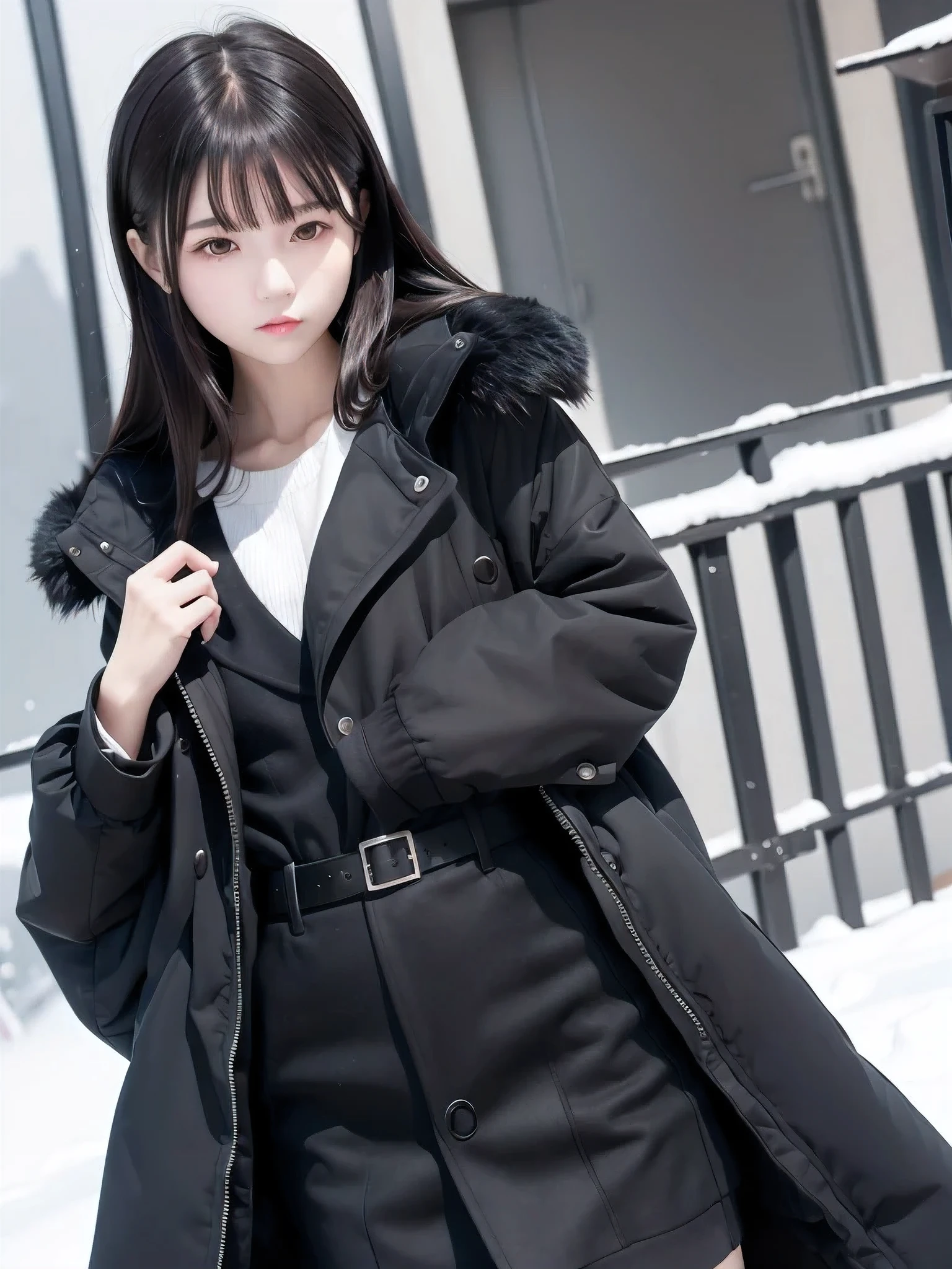1 girl, Alone, Slender body, flat chest, (Black Hair), perfect face, cool girl , ager , winter, show, comments