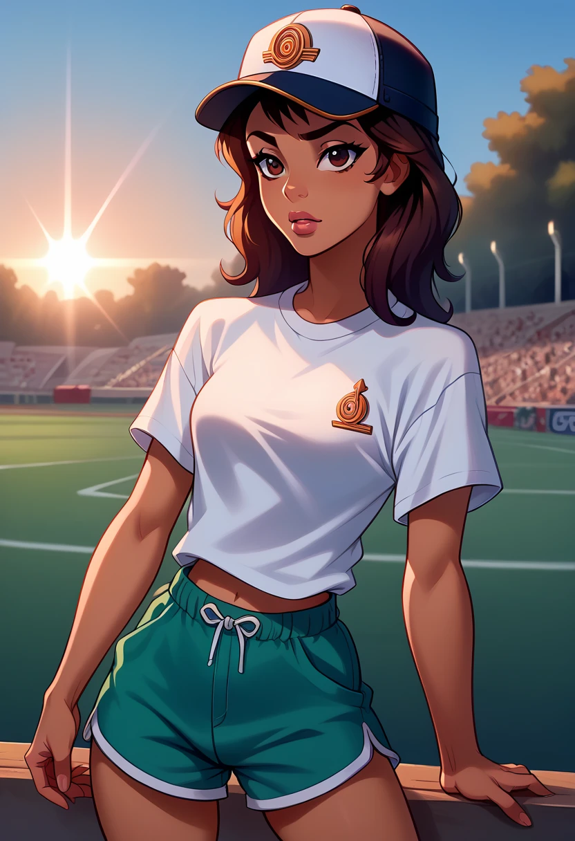 ((realistic))  and an ultra-detailed photograph of a woman, sensual pose, shorts, regatta,  baseball cap , sunny, sunlight, Luz do is, is, Woman is illuminated from the front , Rim Lighting,  atmospheric lighting ,  woman is well lit , Sensual,  beautiful woman,  glowing skin,   with cannabis theme  ,