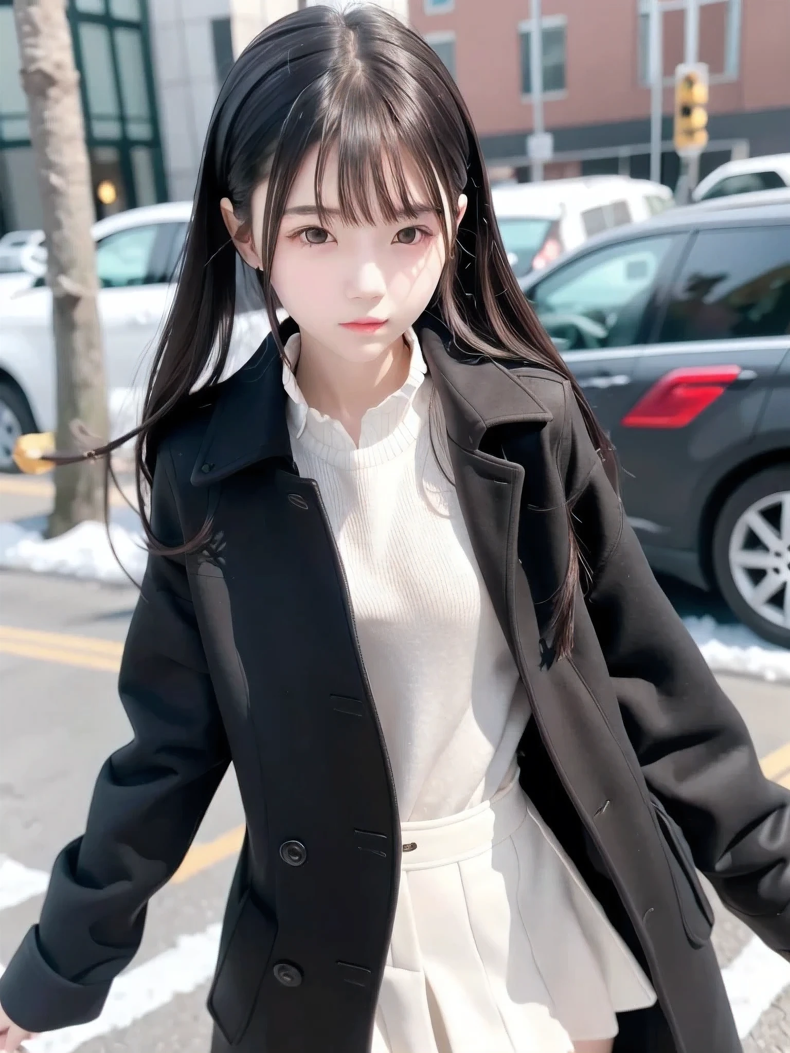 1 girl, Alone, Slender body, flat chest, (Black Hair), perfect face, cool girl , ager , winter, show, comments