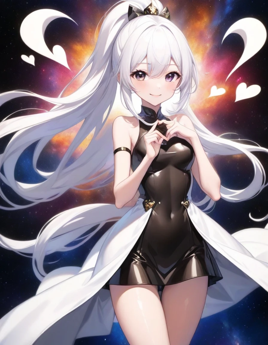 white ais-chocsauce, a girl, teenager, smiling, making a heart with fingers, looking at viewer, very long ponytail, tall, slender, glamorous, leggy, off shoulder dress, with a galaxy, cowboy shot, dynamic angle